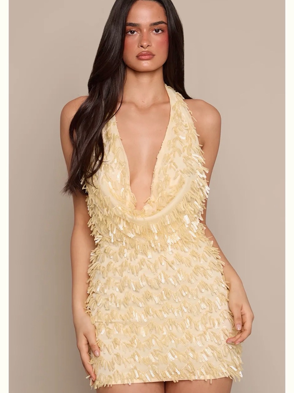 PrettyLittleThing Cream Sequin Fringe Backless Mini Dress